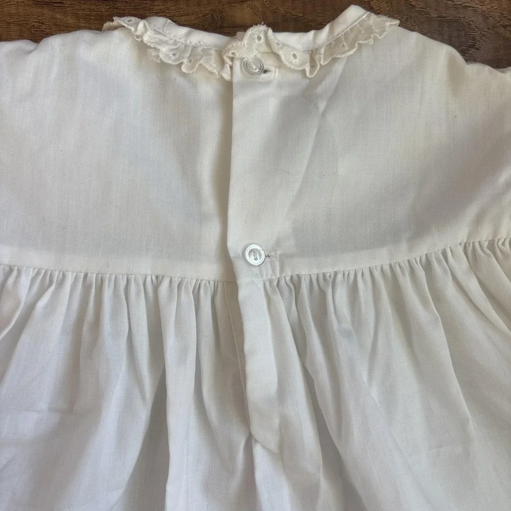 VTG Polly Flinders SZ T3 White Dress Purple Ribbon Eyelet Detail Pleats Adorable